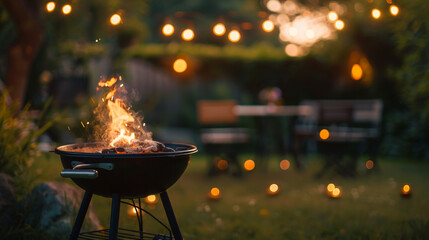 key visual of backyard barbecue with grill, fire and lights in the background, blurred background of garden party