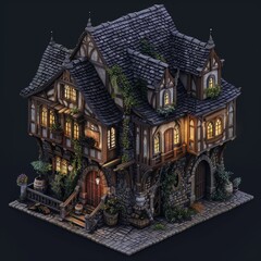 Obraz premium isometric house, floors, gothic architecture, medieval architecture isolated on black background