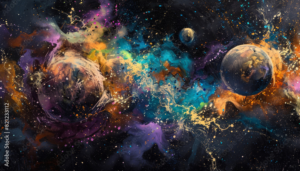 Canvas Prints a painting of a colorful galaxy with three planets in the foreground by ai generated image