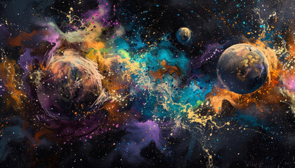 A painting of a colorful galaxy with three planets in the foreground by AI generated image