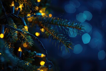 Blue Cold Background. Christmas Tree Decoration with Cozy Yellow Lights on Dark Background