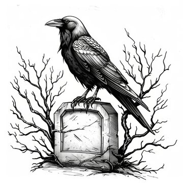 recommend clip art: line tattoo style crow sitting on gravestone with minimal branches coming out from behind gravestone white background