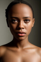 Portrait of a young woman with freckles under her eyes and a bright gaze