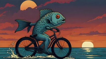 Sci-fi comic book panel of A fish riding a bicycle