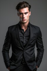 Obraz premium Handsome Man Suit. Stylish Male Model in Black Suit with Hair Fashion