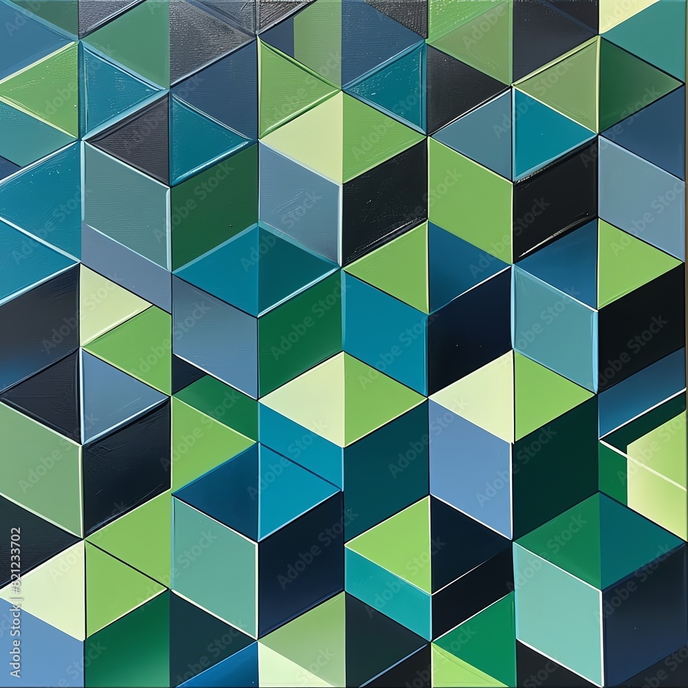 Poster abstract geometric pattern with a 3d illusion of cubes in shades of green and blue, creating a moder
