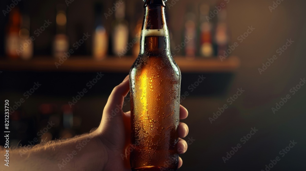 Poster A person is holding a bottle of beer with condensation on the outside