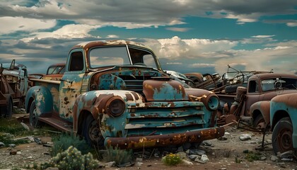 Old Rusted Pickup Truck in Deserted Junkyard
