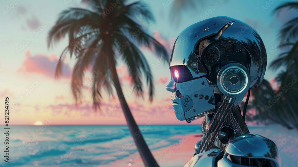 Poster a robotic figure stands tall on a sandy beach lined with tropical palm trees under clear skies.