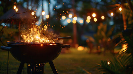 barbecue grill with fire and sparks on the background of a garden or yard party, outdoor wedding celebration dinner, evening time