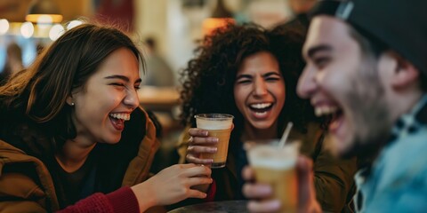 A group of diverse friends laugh and enjoy drinks together at a cozy cafe setting