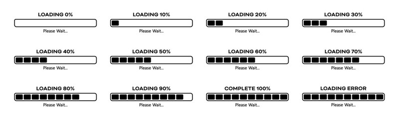 Fototapeta premium Loading please wait progress bar set with 0-100% in black color. Percentage loading bar infographic icon set 0-100% in black color. Set of percentage loading bar 10%, 20%, 70, 90%, 100% in black color