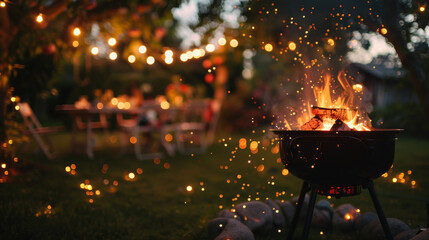 key visual of grill in the garden with burning coals and sparks, background blurred of backyard party in evening, with fairy lights, tables for guests in the distance