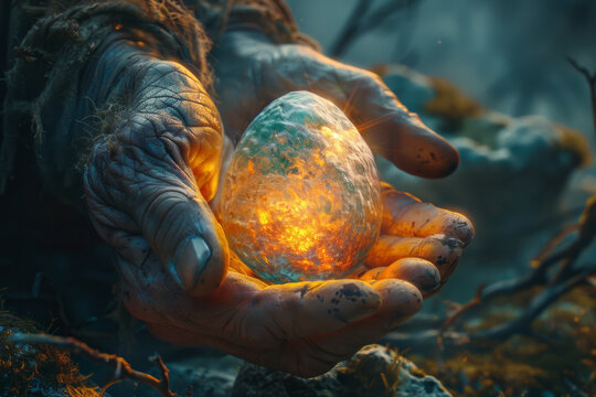 The cosmic egg in the hands of a giant deity, cradling it gently as life begins to emerge from within,