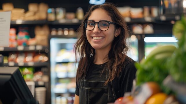 A friendly grocery store clerk wearing glasses and a black apron smiles while working at the checkout counter in a modern supermarket.