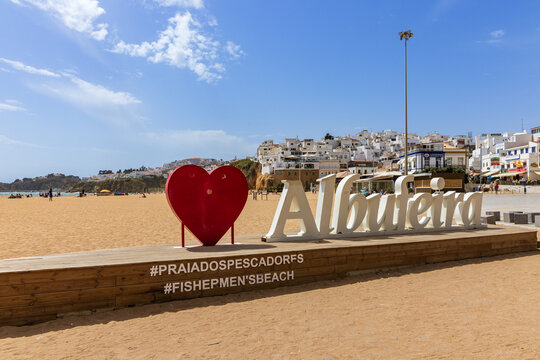 I Love Albufeira sign on the sandy Fishermen's beach of Albufeira, Algarve, Portugal