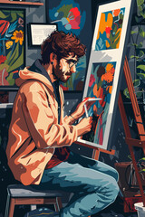 Male artist promotes and sells digital paintings as NFT tokens for cryptocurrency using mobile phone technology