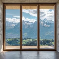 perspective interior photograph large window looking over the swiss alps