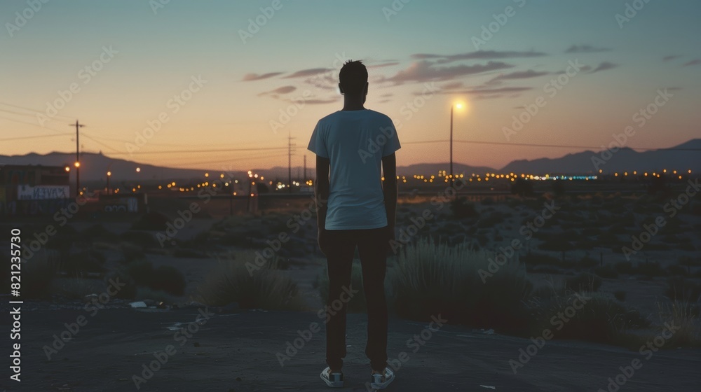 Sticker polaroid film photo of a man standing in the desert at dusk