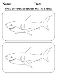 Shark Puzzle. Printable Activity Page for Kids. Educational Resources for School for Kids. Kids Activity Worksheet. Find Differences Between 2 Shapes
