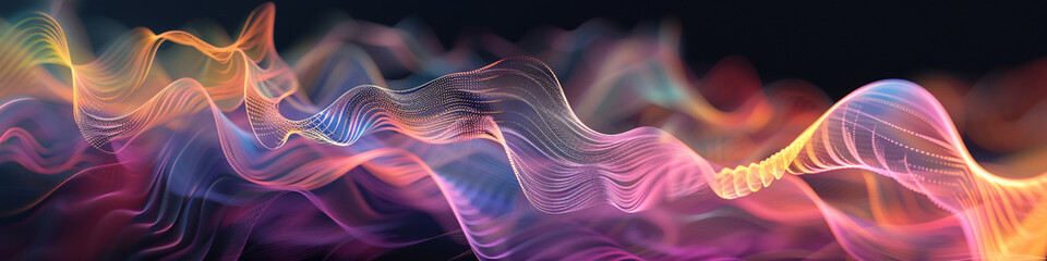 Produce an illustration showing sound waves moving and curving dynamically in a wave-inspired visual motif across a wide canvas.