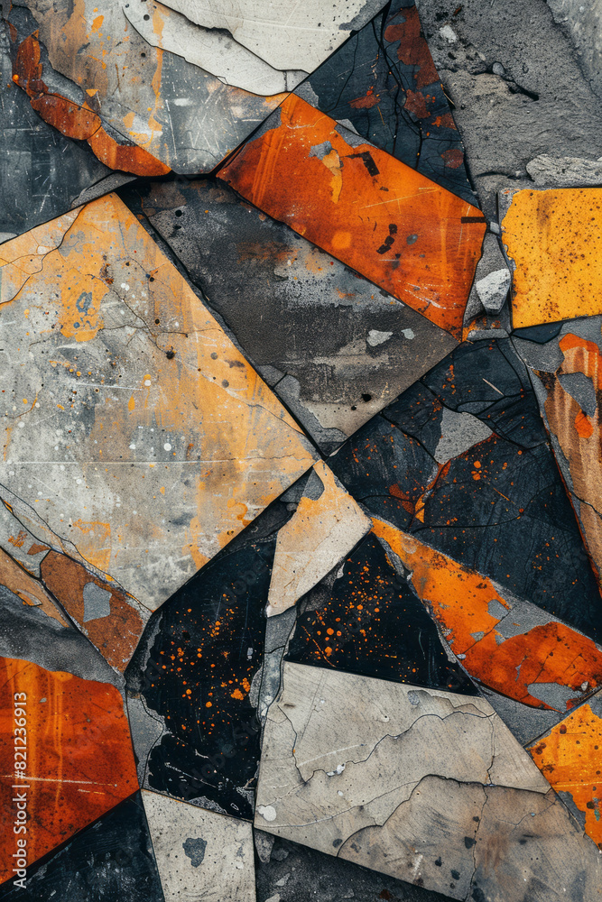 Poster an abstract landscape of colliding shapes and fragmented patterns, slowly aligning into a harmonious