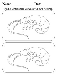 Shrimp Puzzle. Printable Activity Page for Kids. Educational Resources for School for Kids. Kids Activity Worksheet. Find Differences Between 2 Shapes