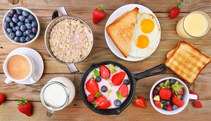 healthy breakfast table scene with fruit yogurts oatmeal smoothie nutritious toasts and egg skillet top view over a wood background