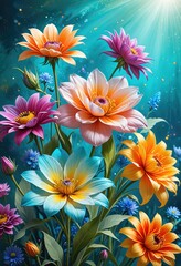 Fototapeta premium Beautiful Colorful Flowers on Turquoise Background