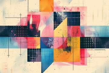 A colorful abstract painting with squares of different colors. Risograph effect, trendy riso style