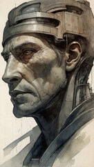 Obraz premium Concept art, sculptor sketchbook of cyborg hybrid human head, watercolor illustration, like stone statue 