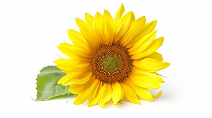 A bright yellow sunflower with its large central disk and radiating petals, the sunny color popping against the white background, symbolizing warmth and happiness.
