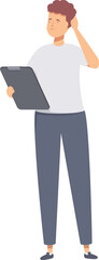 Illustration of a perplexed young adult man holding a digital tablet and standing in casual clothing. Expressing confusion and uncertainty in a contemporary. Flat design vector illustration