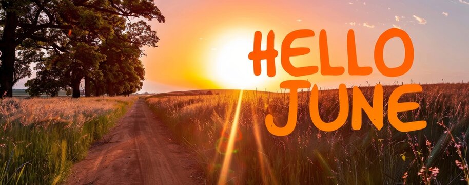 The text "HELLO JUNE" in orange color is written on the background of sunset sky, a field with trees can be seen behind it Generative AI