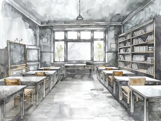 classroom teaching scene flat design side view interactive lesson watercolor black and white