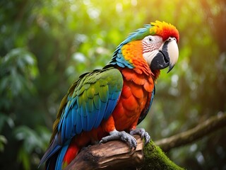 Obraz premium A colorful parrot is perched on a branch in a lush green forest