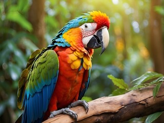 A vibrant ara macaw parrot with colorful plumage perched gracefully on a branch in a lush forest setting. The parrot stands out with its bright feathers against the green foliage.