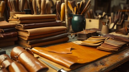 The image shows a leather workshop filled with various types of leather materials, tools, and workstations where artisans craft leather products.