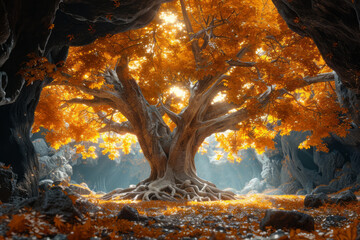 A World Tree with golden leaves that shimmer under a celestial sky, its roots winding through caves filled with ancient relics and treasures,