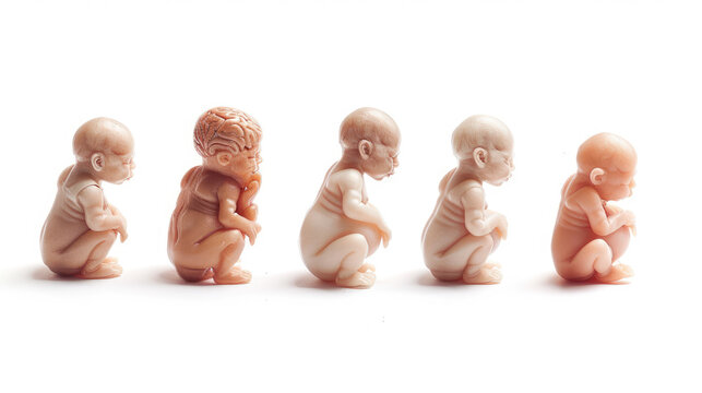 Five stages of human fetal development models arranged in a row on a white background, showing growth progression, soft studio lighting.