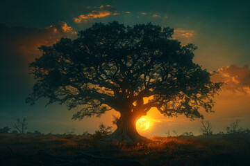 Fototapeta premium The World Tree with its branches cradling the sun and moon, balancing the cycles of day and night,