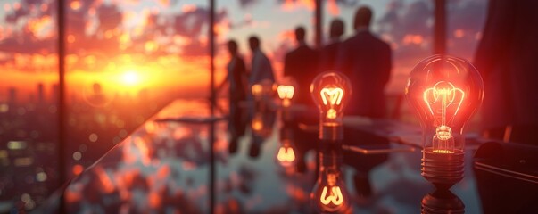 one of light bulbs on the table in front of business people at sunset, blurred background, office with panoramic windows and city view