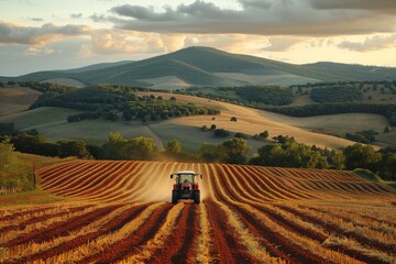 Fototapeta premium A scenic view of a tractor on striped farmland with rolling hills and cloudy sky in the background