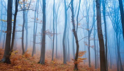scenery beautiful mystical forest in blue fog in autumn