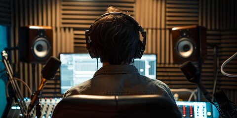 Naklejka premium View from behind of a music producer with headphones working at a sound mixer in a recording studio