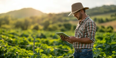 Farmer using a tablet amidst vineyard rows at golden hour, representing modern agriculture - Powered by Adobe