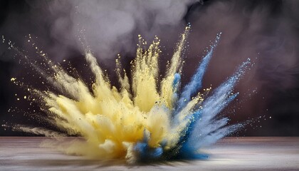 vibrant burst of yellow and blue paint powder against a dark backdrop generative ai