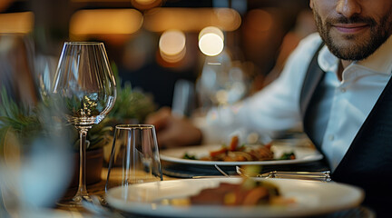 A private business trip to a culinary destination, with the businessman indulging in gourmet dining experiences after successful meetings. Generative AI.