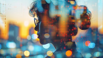 An academically outstanding student receives a top award for a science fair project, inspiring and commendable image of a double exposure silhouette with science fair displays. Generative AI.