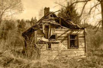 An old wooden house abandoned by residents, passing away life